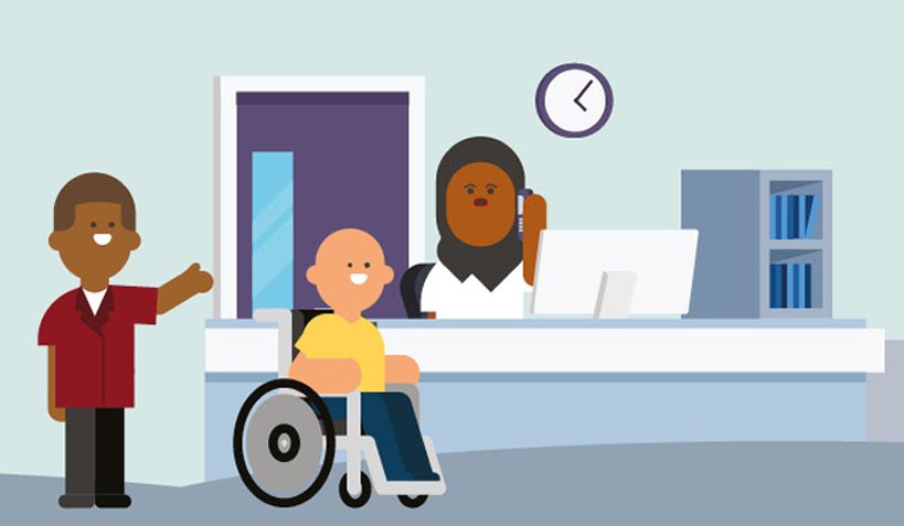 Graphic image of hospital reception desk with patients and staff