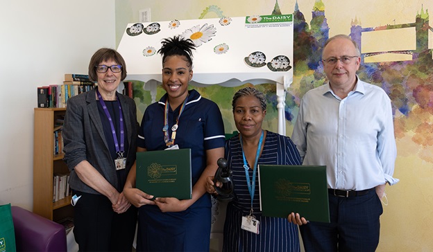 Photograph of Professor Tim Orchard, chief executive Imperial College Healthcare NHS Trust, Professor Janice Sigsworth, director of nursing, Cody Francis, acute oncology sister, and Sylvia Turner, lead stoma care nurse specialist.