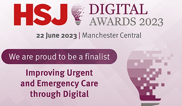 Graphic of a lightbulb and the words 'We are proud to be a finalist in Improving Urgent and Emergency Care through Digital'.