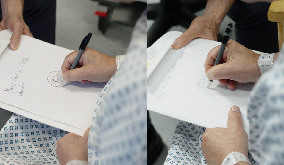 Two photos of Lord Fellowes writing with his hand - before and after treatment
