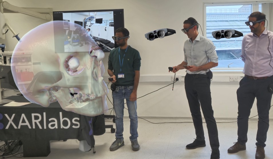 Photo of neurosurgeons using mixed reality technology