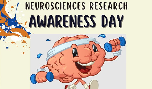 Promotional poster for a Neuroscience Research Awareness Day at Charing Cross Hospital. There is a cartoon photo of a brain walking and holding weights. Text reads: Neuroscience Research Awareness Day.