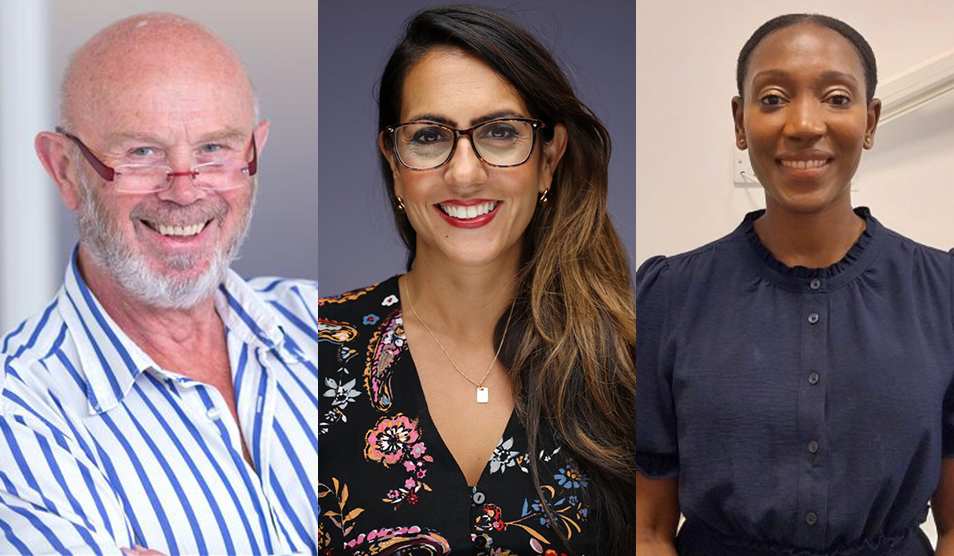 Individual photos of Professor Neil Poulter, Dr Dominique Allwood and Dr Frances Akor