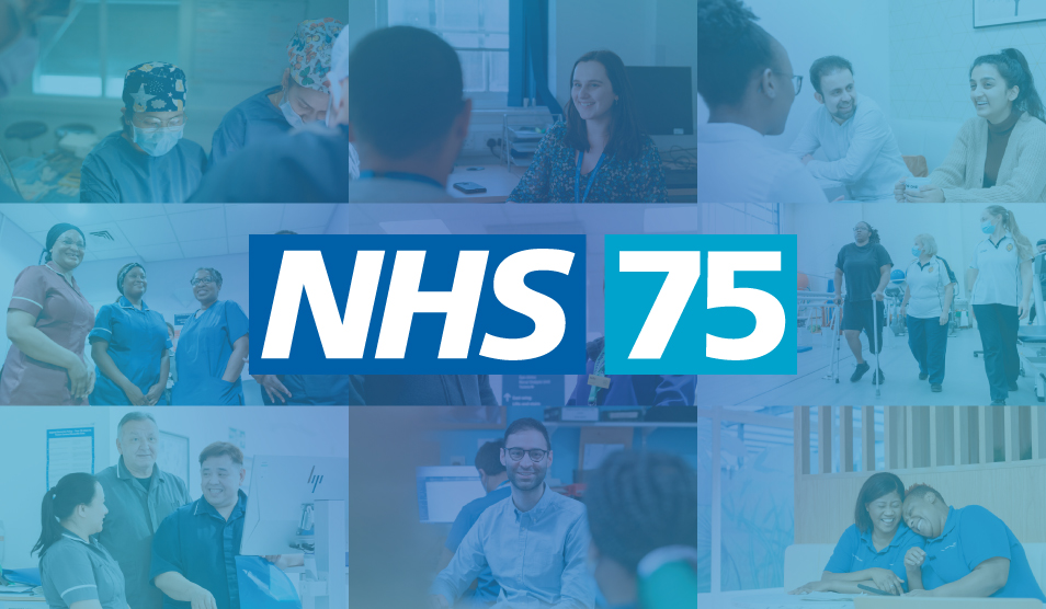 Collage of staff and patients at Imperial College Healthcare. The words NHS75 appear in the middle of the collage.