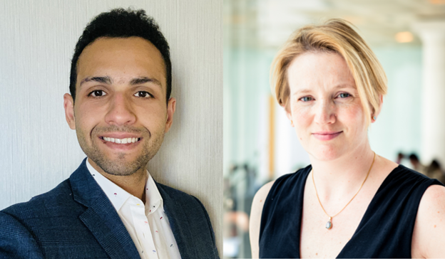Side by side portraits of Ahmed Ezzat, academic general surgery registrar, and Dr Liz Whittaker, consultant in paediatric infectious diseases and immunology.