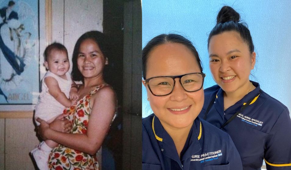 Collage of two photos. On the left is a photo of a young woman holding her baby daughter and on the right is a photo of the same mum and daughter now, both dressed in NHS nursing uniform.