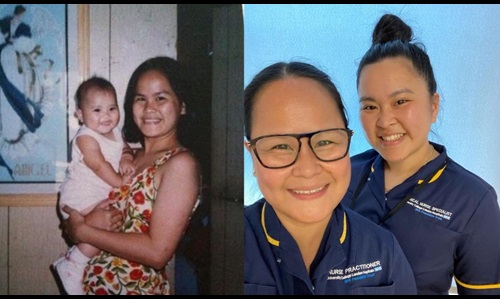 Collage of two photos. On the left is a photo of a young woman holding her baby daughter and on the right is a photo of the same mum and daughter now, both dressed in NHS nursing uniform.