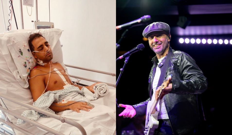 Collage of two photos. On the left is a man lying in a hospital bed. On the right is the same man performing on stage and holding a guitar.