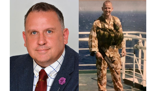 Montage showing two photos. A recent portrait of deputy director of Infection Prevention & Control, Tom Jacques and a photo of him in the British Army in his early 20s.
