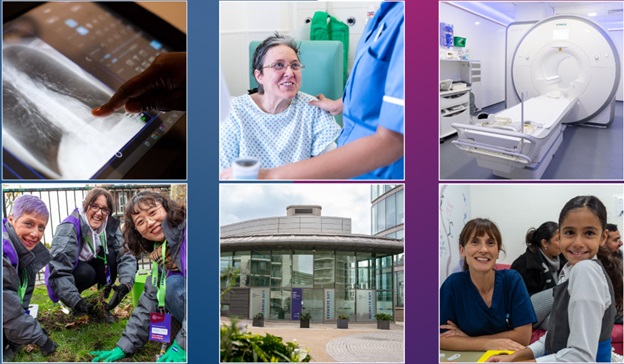 Collage of six photos. Clockwise from left to right: an x-ray scan, a patient looking up at a nurse who has their hand on the patient's shoulder, an MRI scanner, a member of staff sitting down and smiling with a child patient, our Paddington Life Sciences building, three Imperial Health Charity volunteers doing some gardening.