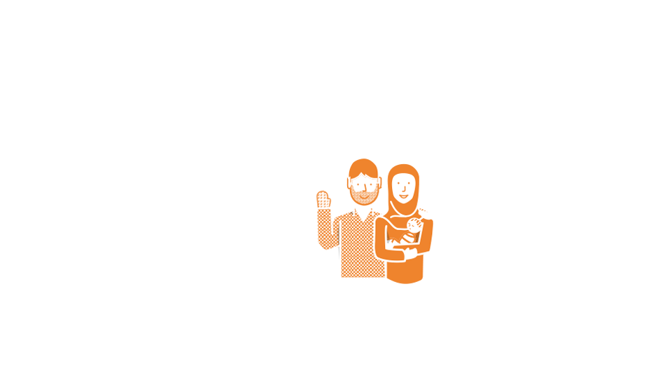 Graphic of a couple with a baby outside their house