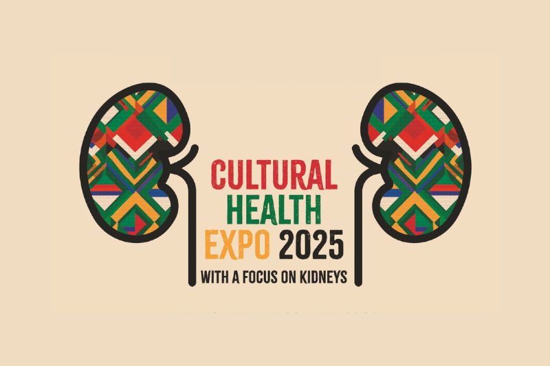 Promotional image for a community outreach event. Two cartoon kidneys appear and text in the middle reads: Cultural Health Expo 2025, with a focus on kidneys.