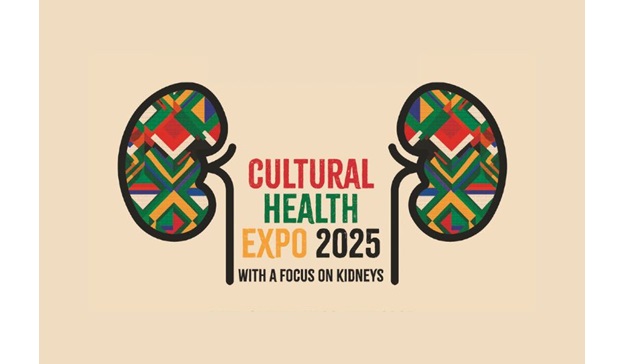 Promotional image for a community outreach event. Two cartoon kidneys appear and text in the middle reads: Cultural Health Expo 2025, with a focus on kidneys.