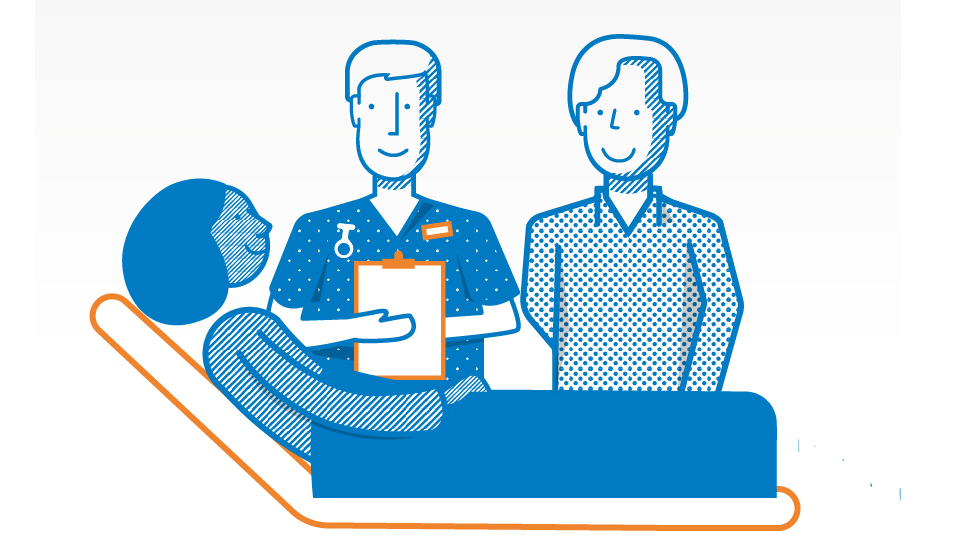 Cartoon patient with doctor and relative