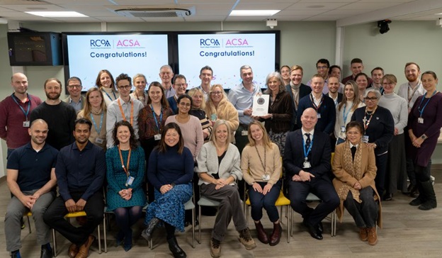 Photo of anaesthetists at Imperial College Healthcare receiving a national accreditation from the Royal College of Anaesthetists.