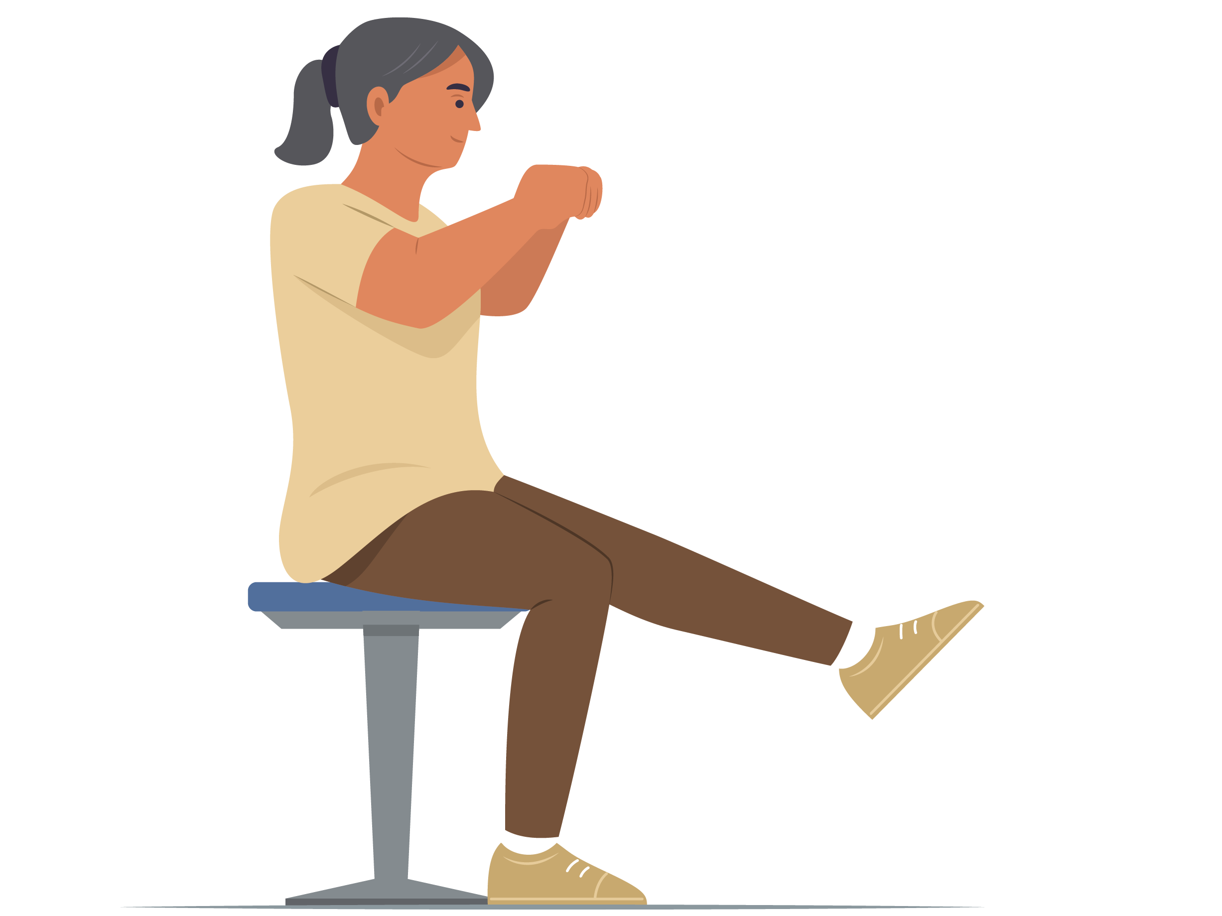 A cartoon image. The woman is performing a leg exercise while sitting by stretching out her leg in front of her.