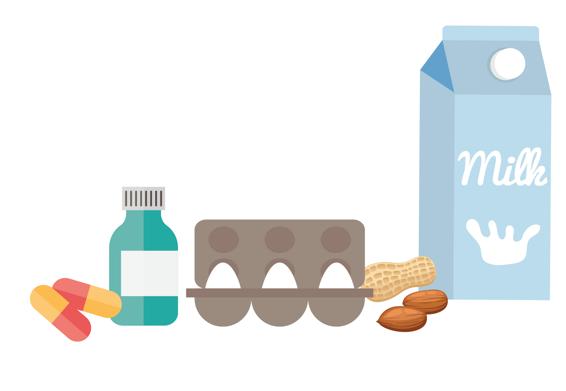 Cartoon image of different food allergens and medicines including some tablets, eggs, nuts, and milk