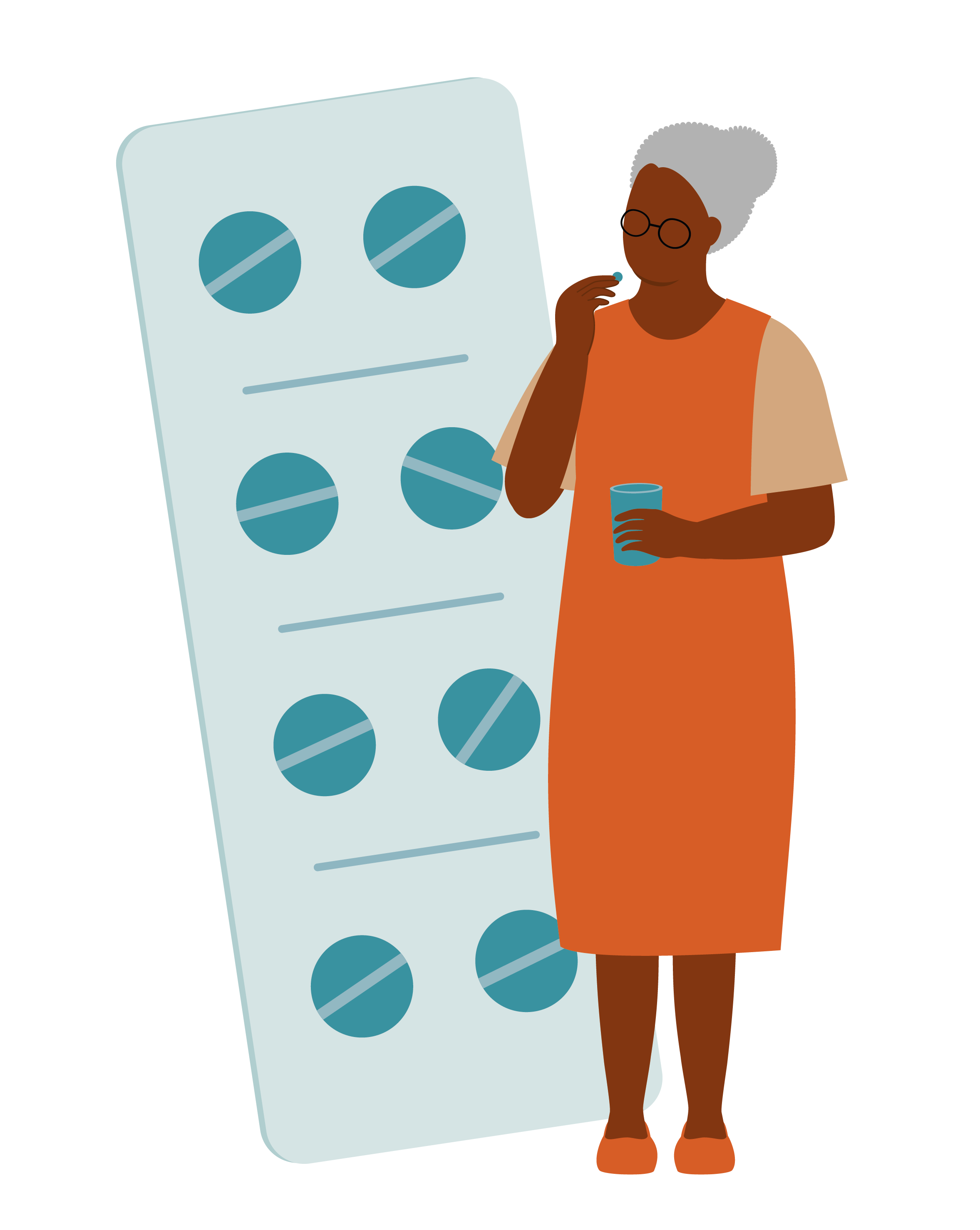 A cartoon lady stands next to an oversized tablet packet, she looks ponderous.