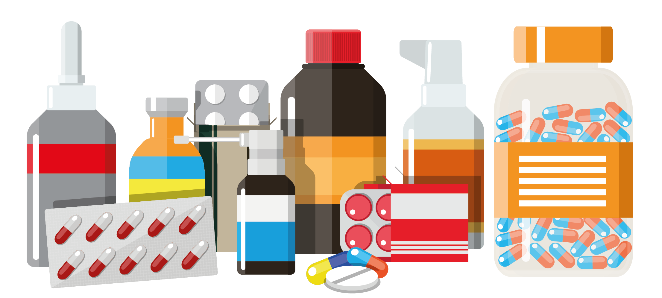 Cartoon image of various medicines, including lots of tablets in different shapes and colours and bottles and a nose spray.