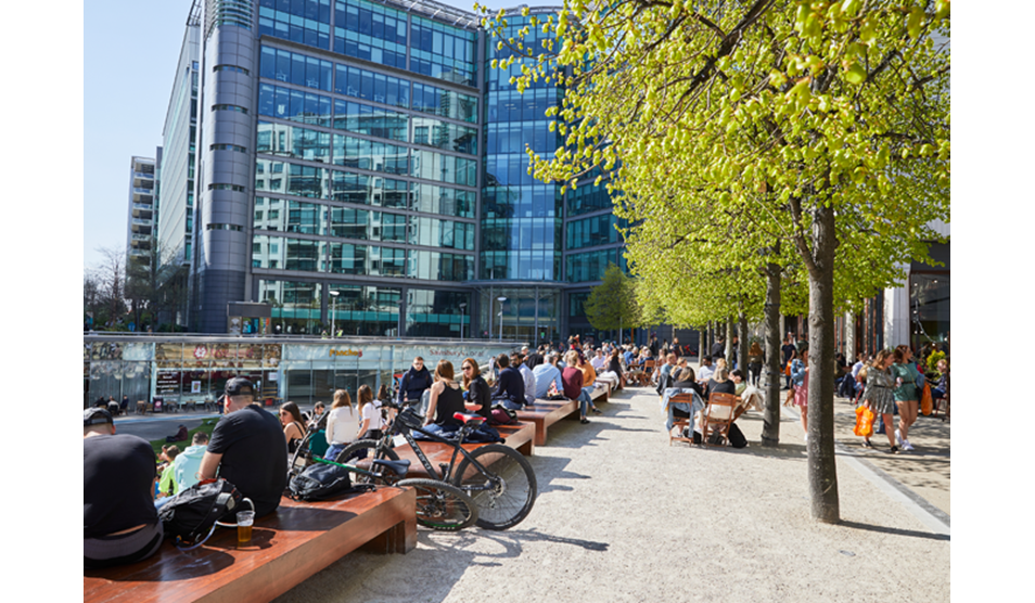 People relaxing outside at Imperial Wharf