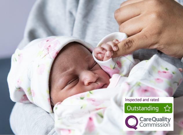 Photo of newborn baby with CQC logo